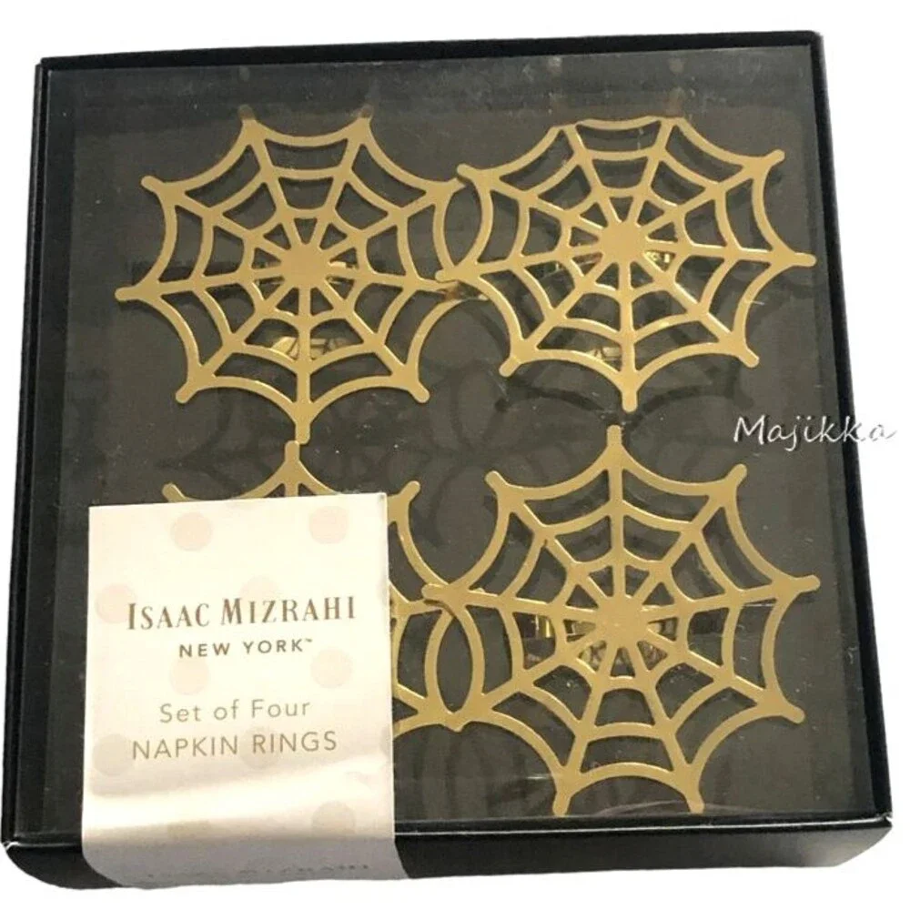 Isaac Mizrahi Halloween Spider Web Gold Tone Set Of 4 Napkin Rings Scary Spooky